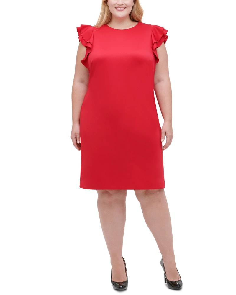 Front of a model wearing a size 18W Tommy Hilfiger Women's Plus Size Sheath Flutter Sleeve Dress Red Size 18W in Red by Tommy Hilfiger. | dia_product_style_image_id:312552